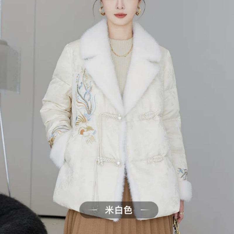 Down jacket women's clothing medium and long Chinese style winter new Haining imitation mink fur white duck down jacket