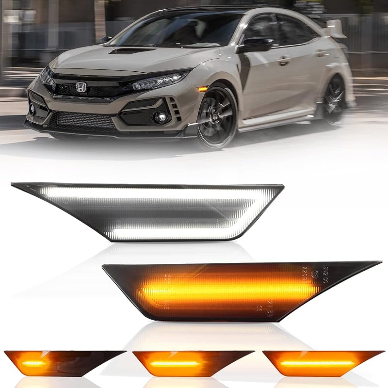 Bestview 2PCS Side Marker Lights For 2016- Honda Civic 10Th Gen Coupe Hatchback: Smoked Lens Front Bumper Fender Lights, 6000K White LED Sidemarker