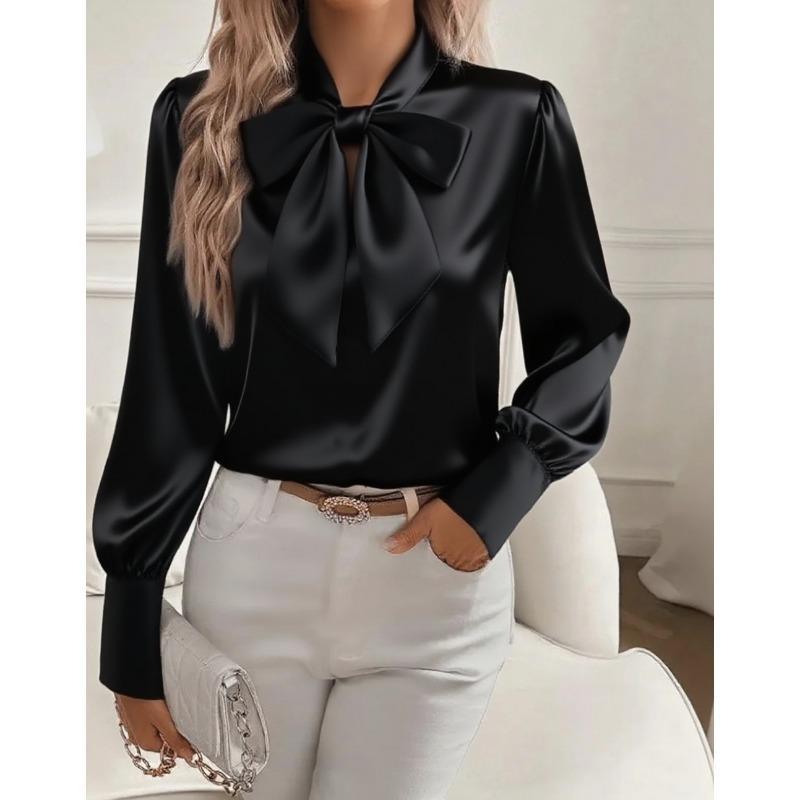 2026 Elegant Lace-up Bow Tie Collar Satin Shirt Spring New Sweet Office Womens Blouse Fashion Casual Long Sleeve Sweet Fall Tops