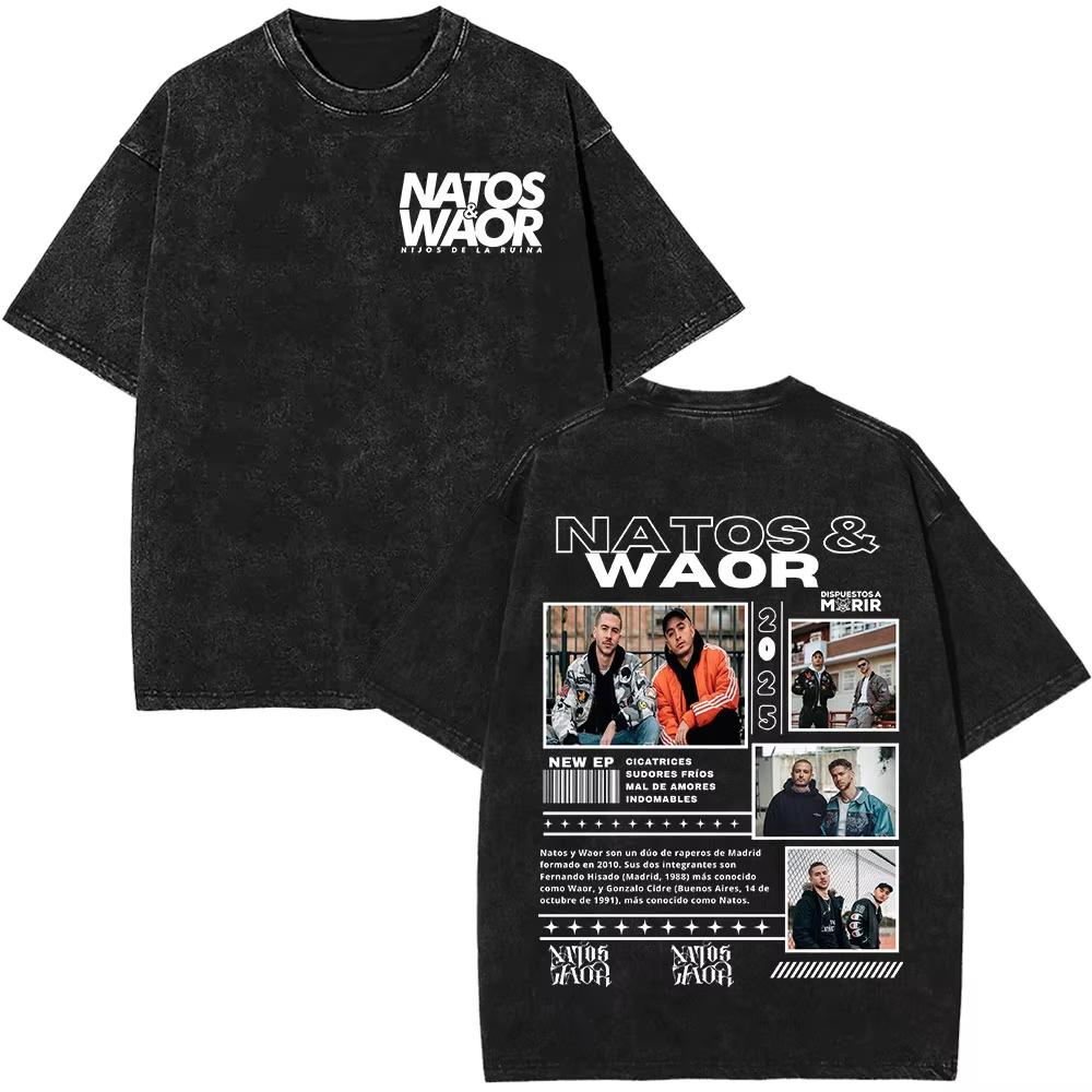 Natos & Waor Vintage Washed Graphic T‑Shirt Unisex Cotton Crew Neck Short Sleeve Double Sided Print Tees for Hip Hop Rap Fans Men Women