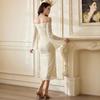 2025 New Autumn Style One-line Neckline Lace Trumpet Sleeves Earrings Slim Long Dress