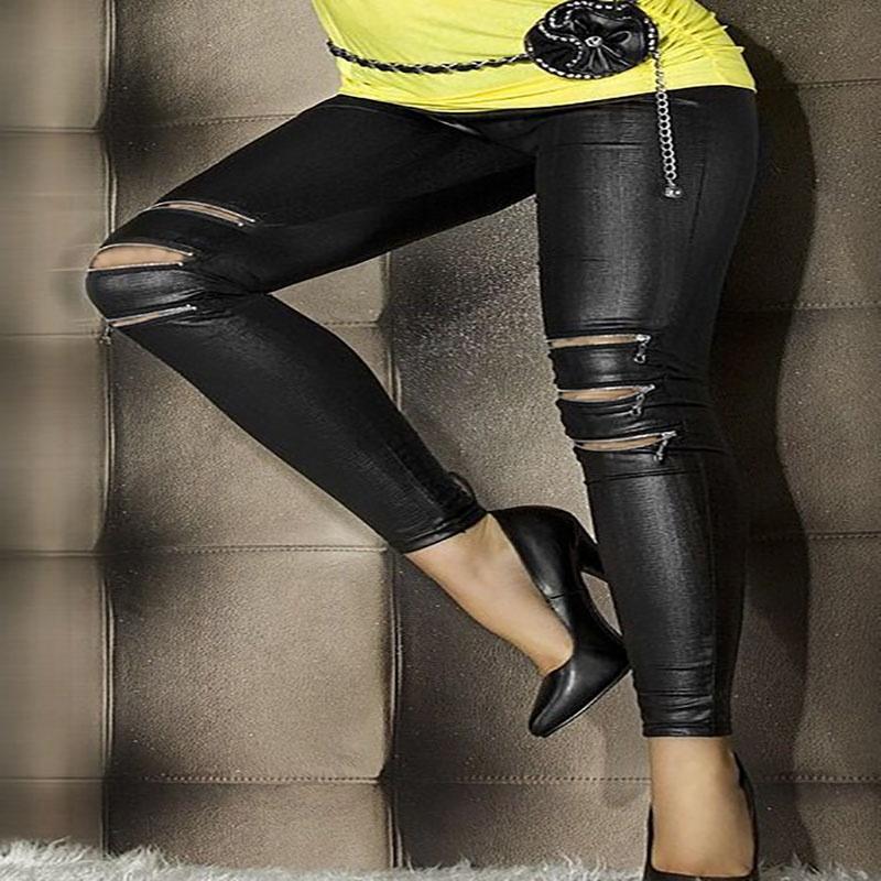 Classical Fit Slim Sexy Three Zipper Bright Leather Stretchy Leggings Pants