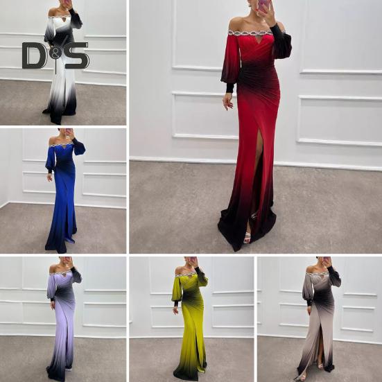 Abendkleid für Damen, schulterfrei, ausgehöhlt, Strass, Hochzeitskleid, schmales, plissiertes Maxikleid für den Abschlussball, lange Laternenärmel, geschlitzter Saum, Kontrastfarbe, Ballkleid