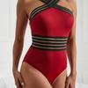 Women Sexy Monokini Crossover Halter One-Piece Swimsuit Hollow Mesh Splicing High Waist S-Shaped Swimwear Beachwear