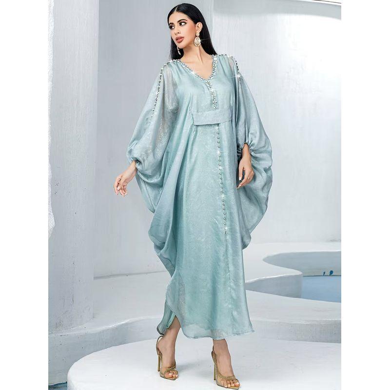 

New Middle East Batwing Sleeve Rhinestone Robe Dress Diamond Studded Bat Sleeve Dress Light Blue One size