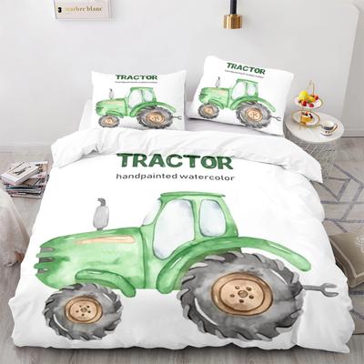 Cartoon Tractor King Queen Duvet Cover Watercolor Style Excavator Bedding Set For Kids Machinery Bulldozer Polyester Quilt Cover