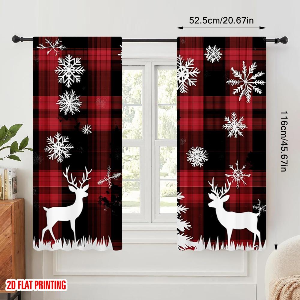 2pcs,2D plane printing Creative Curtains Buffalo Plaid Deer Snowflakes (4) Versatile Polyester (without rod) Festive Perfect for
