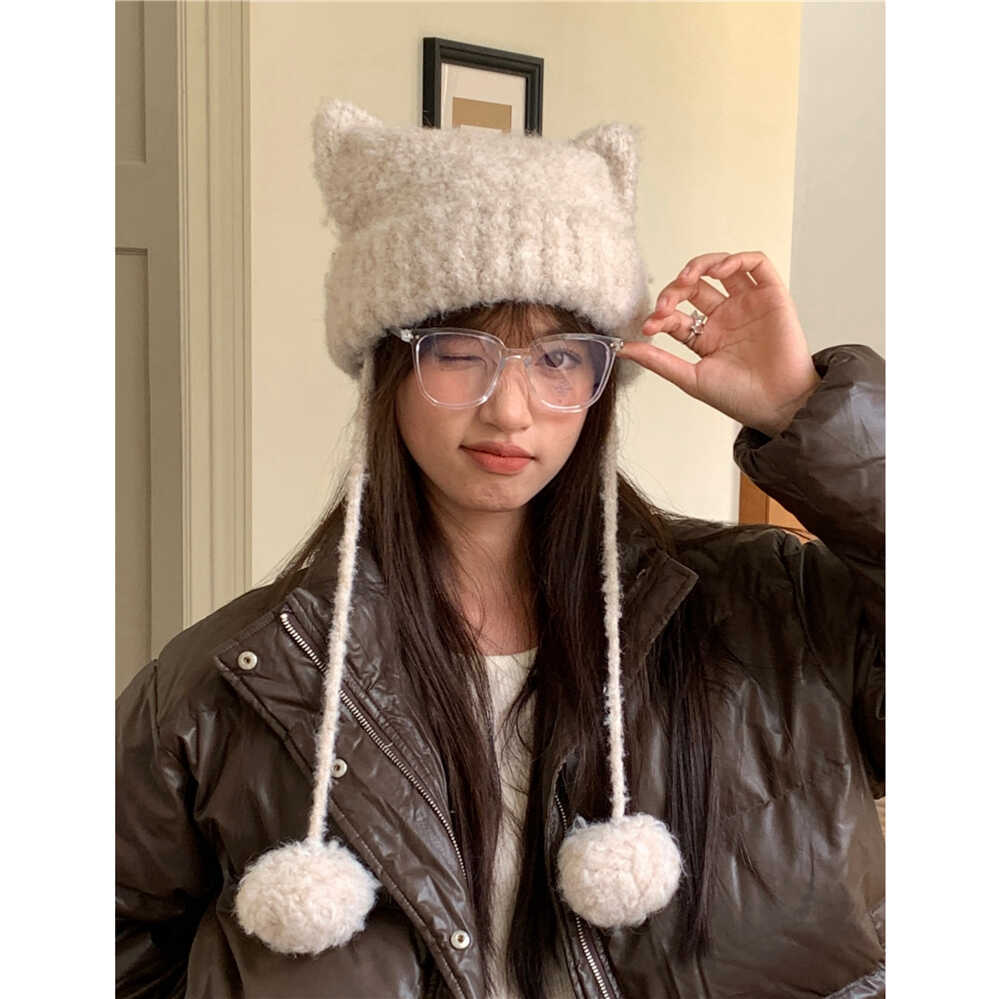 

Sweet bear ears wool hat women s winter thickened warm knitting hanging hairball sheath head ear hat tide one size fits all, elastic. бордовий