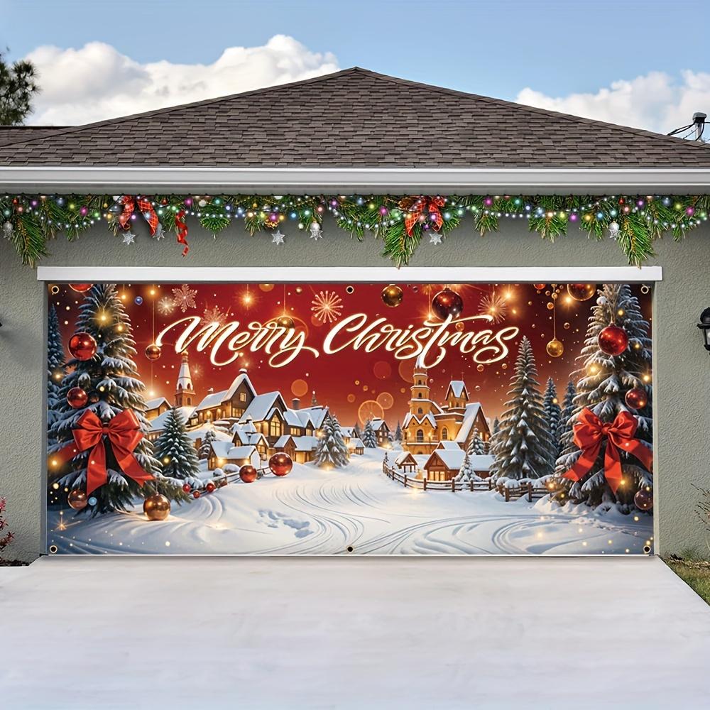Christmas Garage Banner - Snow Village and Tree Design, Suitable for Winter Festivals and Home Decoration