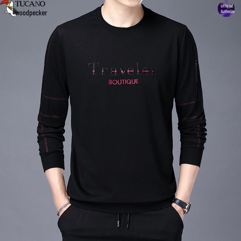 Embroidered Woodpecker Hoodie: Men s Long Sleeve Plus Velvet T-shirt for Autumn/Winter Casual Wear XXXL - 190