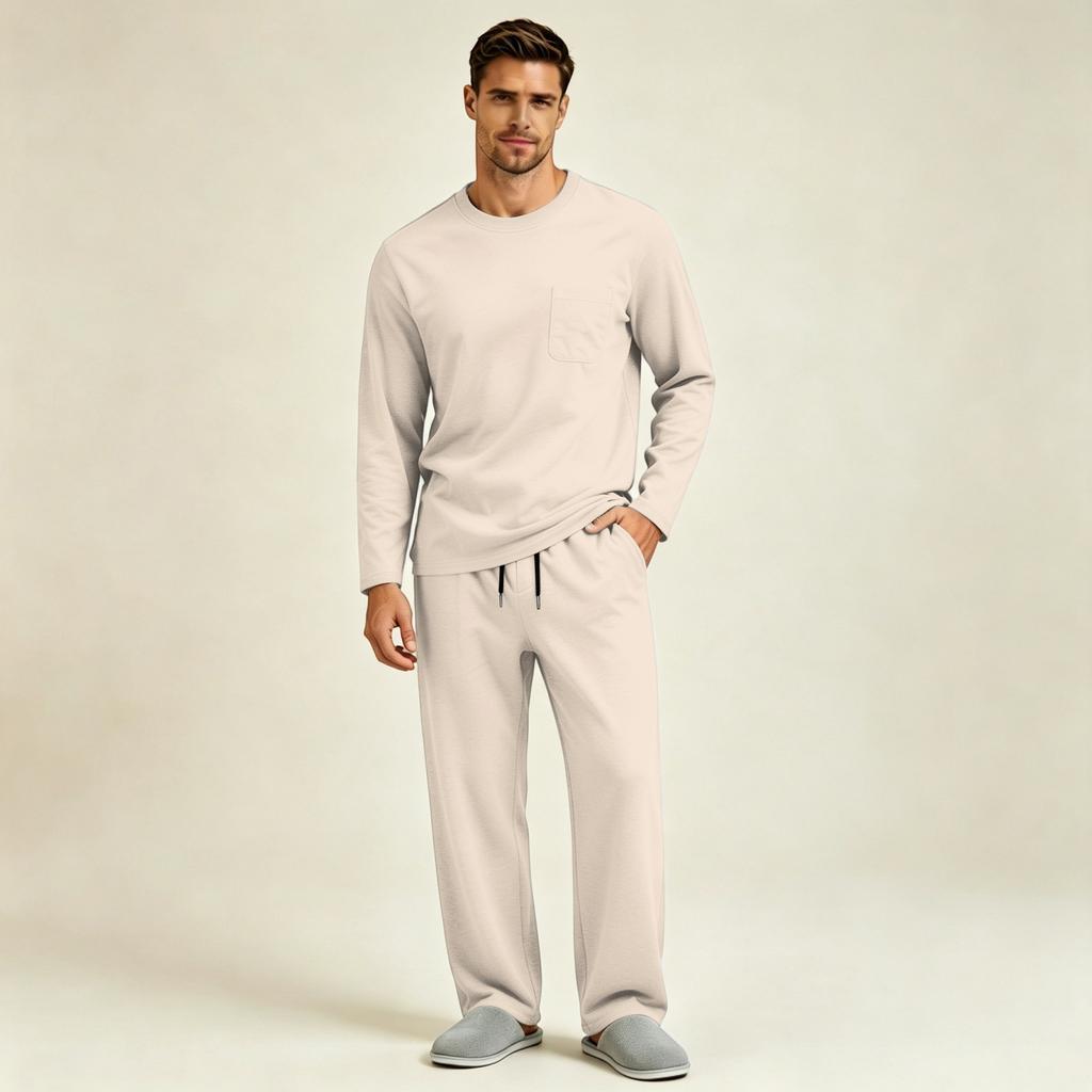 Men's Long Sleeve Pajama Set with Button Fly and Elastic Drawstring Waist for Sleep and