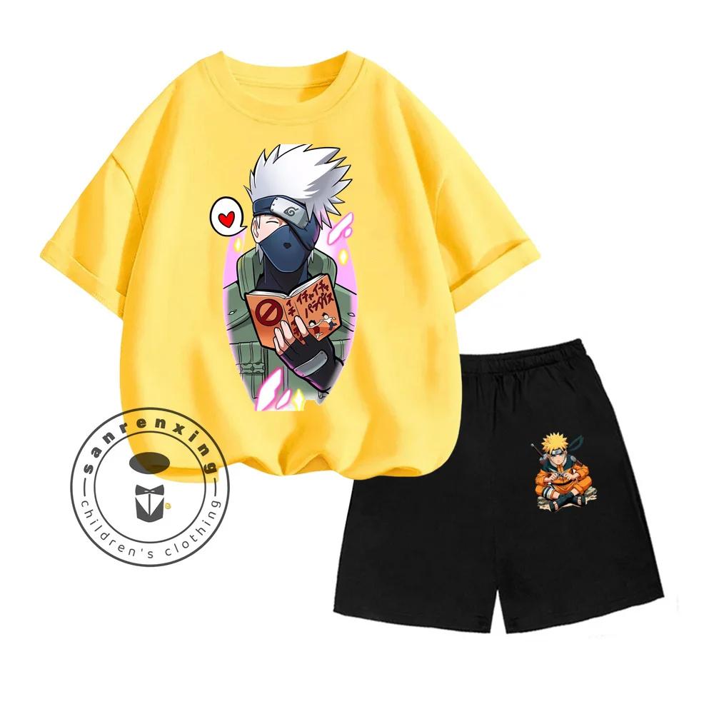 Unique NARUTO Animated Cartoon Character Vertical Print Design O-neck Skin-friendly Short Sleeve and Shorts Kids Two-piece Set