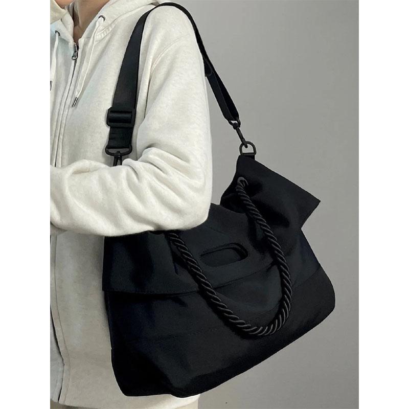 Black Nylon Women Crossbody Bags Fashion Wide Shoulder Strap Casual Tote Pack Simple All-Match Female Commute Messenger Bag
