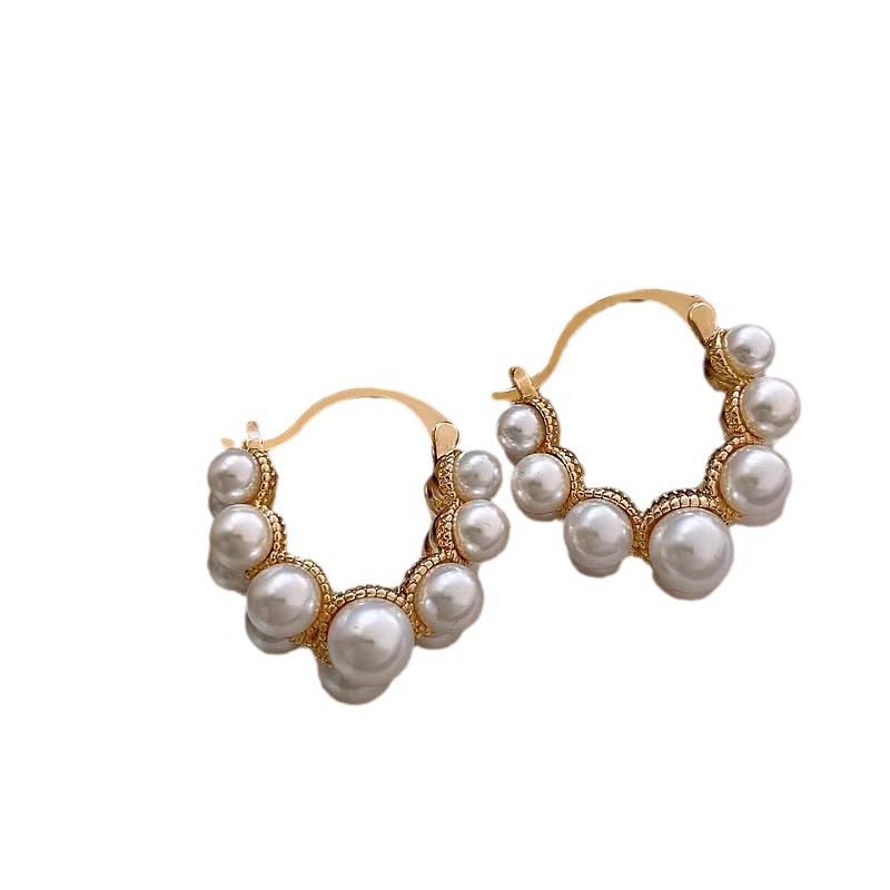 Fashion Simple Luxury Temperament Double Row Pearl Geometric Hoop Earrings
