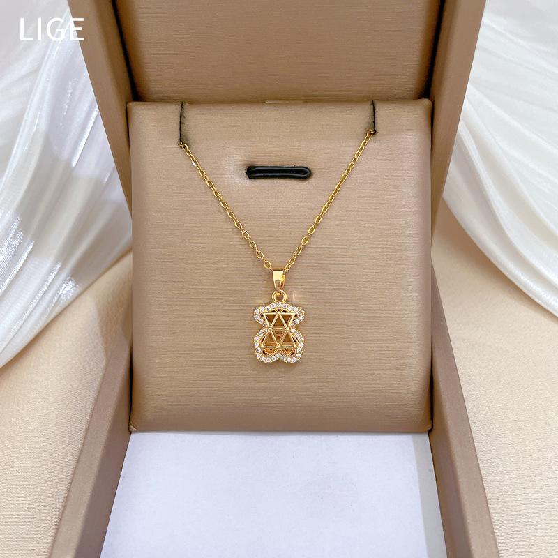 Urso Vazio Cheio de Diamantes Temperamento de Luxo Leve Colar Totalmente de Diamante Deslumbrante Corrente para Clavícula Feminina Versátil Corrente de Aço Titânio