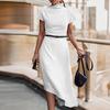 Lady Dress Solid Color Short Sleeve Half High Collar Tight Waist Oblique Hem Office Dress Female Clothes