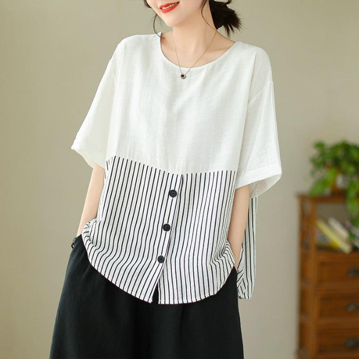Plus Size Women's Retro Literary Pullover Loose and Thin Striped Blouse Stitching Short-sleeved T-shirt