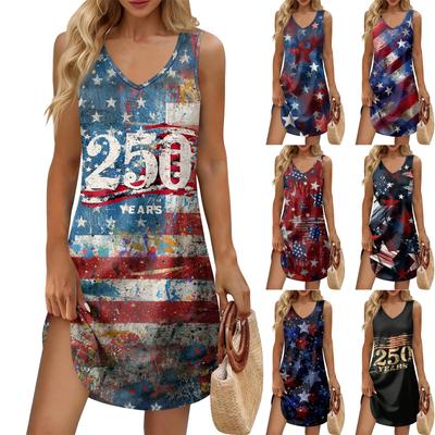 Women's Summer Casual Sun Skirt With Pocket V-Neck Independence Day Printed Loose Vest Dress