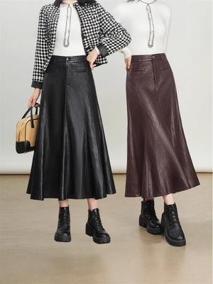 Dámská midi sukně áčkového střihu s vysokým pasem z pravé kůže - Móda podzim/zima 2025