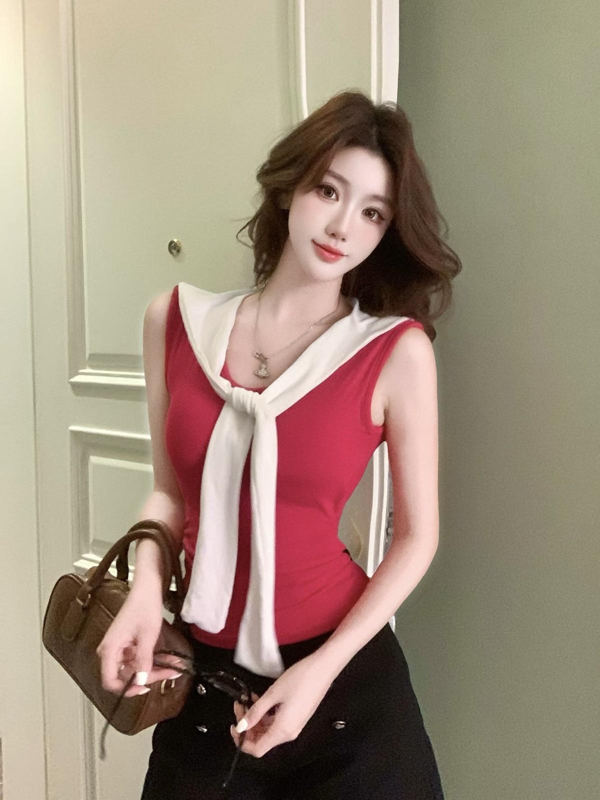 Women s Summer Sailor Collar Sleeveless Vest with Chest Pads and Stylish Back One Size