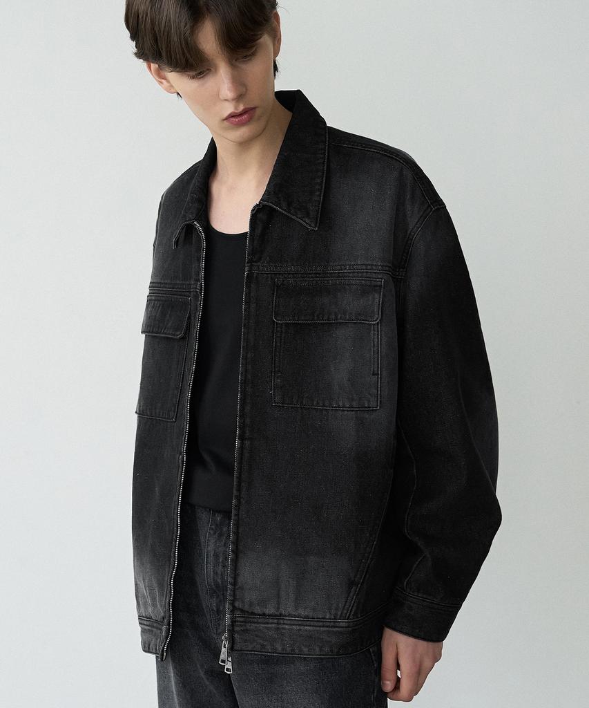 Draw Fit Consize Washed Pocket Denim Jacket [Black]