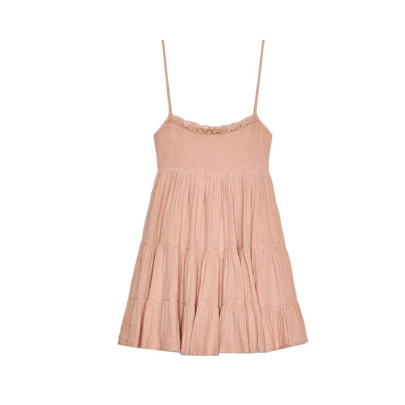 Summer New Product Women's Clothes Minimalist Straight Collar Sleeveless Patchwork Lace Decorative Tulle Short Dress 0881319