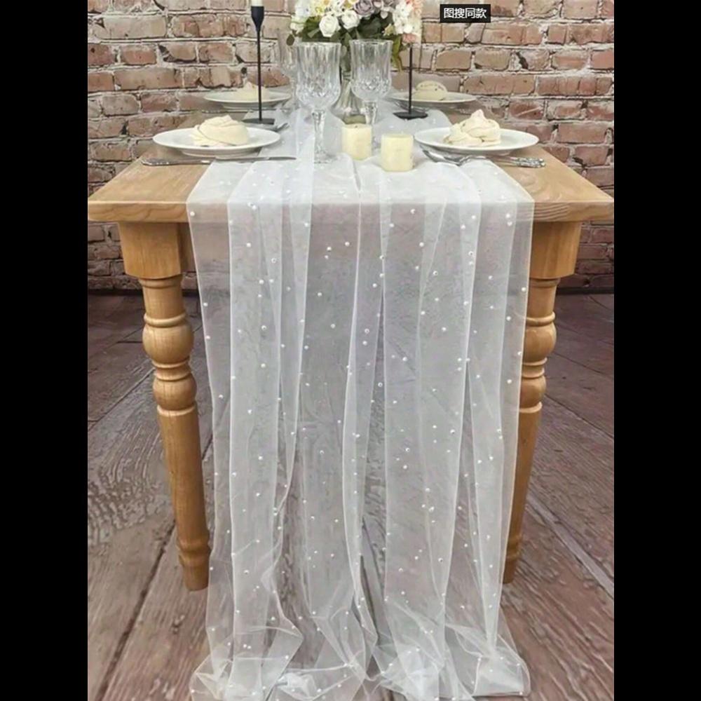 1pc Cake Photography Backdrop, Soft Tulle Curtain Fabric, Faux Pearl Organza Dessert Table Cloth, Fairy Style White Lace Background Prop