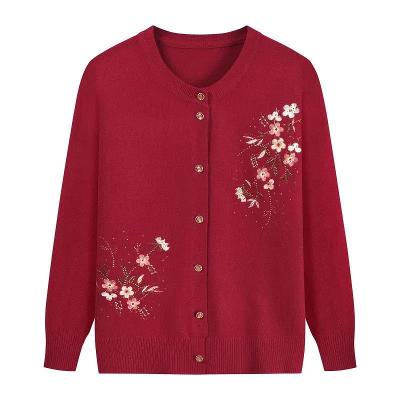 Grandma's Spring Autumn Flower Printing Knitwears Middle-Aged Mother Cardigan Embroidered Knitting Top for Women