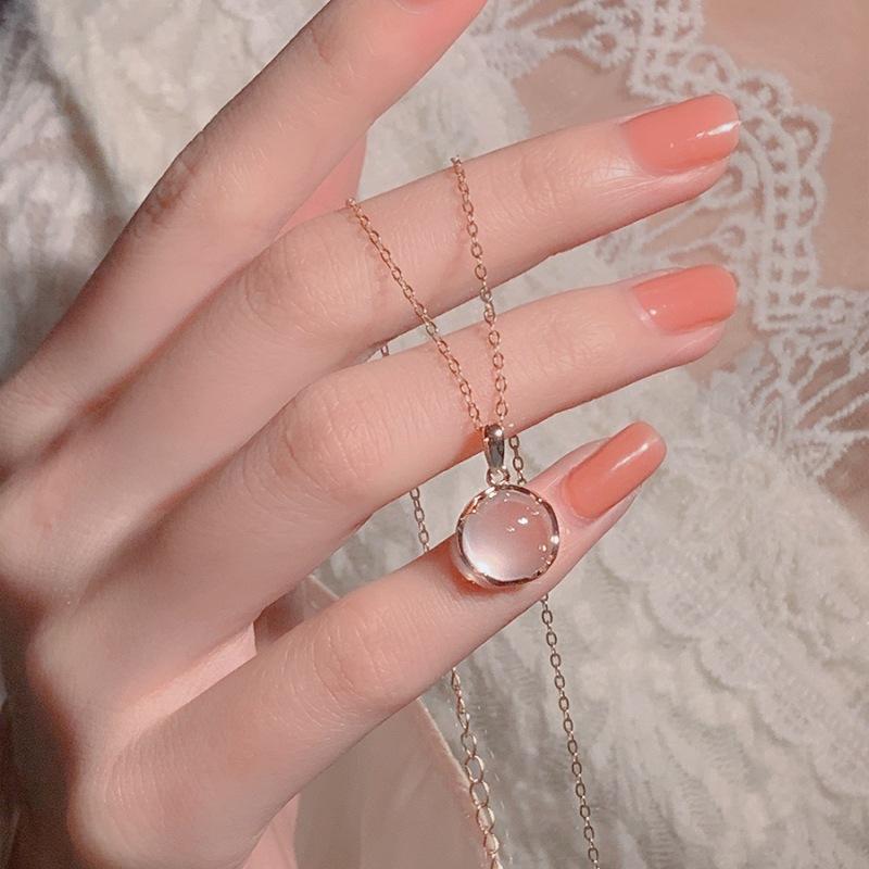 925 Silver Pink Chalcedony Pendant Necklace Korean Ins Style Summer 2023 Fashion Jewelry for Women