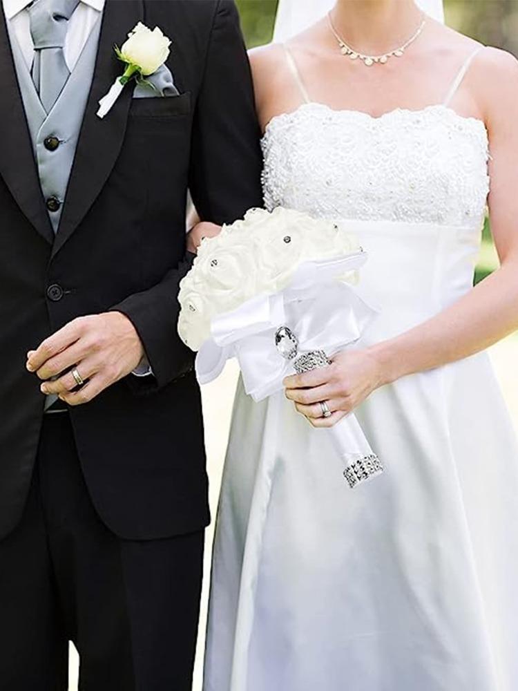 Artificiale rosa nuziale fiori di contenimento bouquet da sposa bouquet bianco per la sposa bouquet da sposa per damigelle d'onore con nastri morbidi diamantati