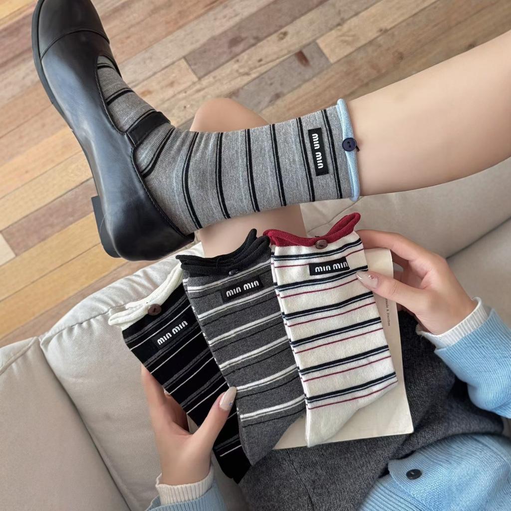 Early Autumn Socks Casual Stacking Socks Double Luo Mouth Thin Combed Cotton High Value Medium Tube Striped Socks Children