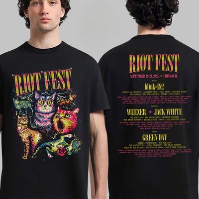 Seltenes Riot Fest 2025 Douglass Park Chicago Merchandise vom 19.-21. September 2025 Lustige Katzenkunst mit Line-up Zweiseitiges T-Shirt