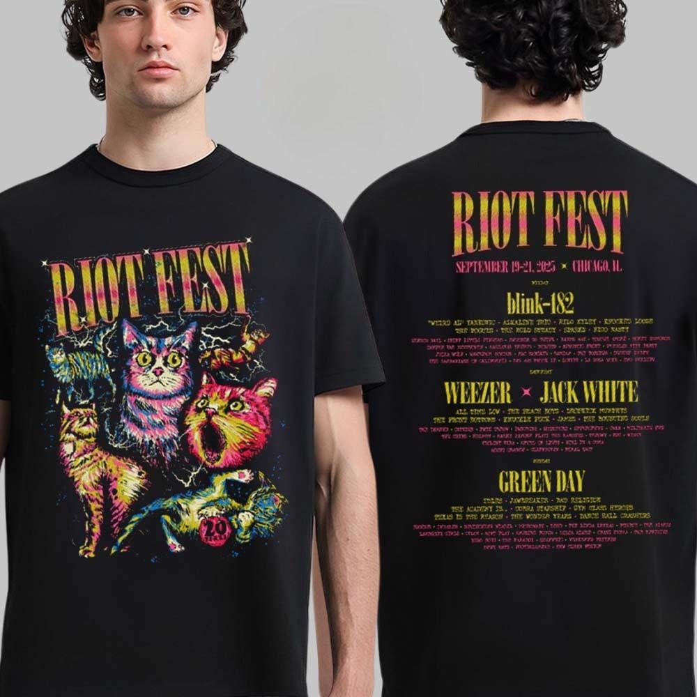 New Riot Fest 2025 Douglass Park Chicago Merch On September 19-21 2025 Funny Cat Art with Lineup Two Sided T-Shirt
