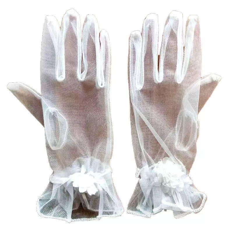 Short Lace Bridal Gloves - White Champagne Butterfly Design, High Elastic Mesh for Weddings & Evenings