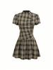Europese en Amerikaanse Dames Plaid Hoge Hals Pofmouw Mini Jurk