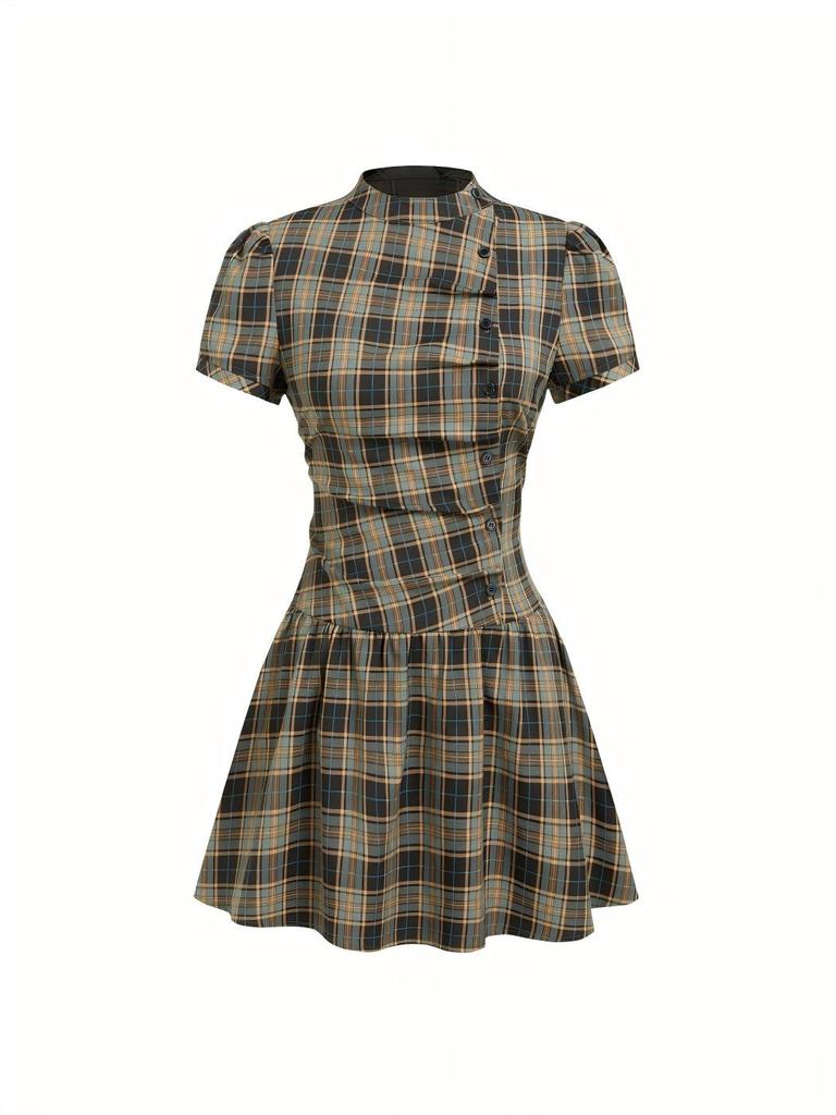 Europese en Amerikaanse Dames Plaid Hoge Hals Pofmouw Mini Jurk