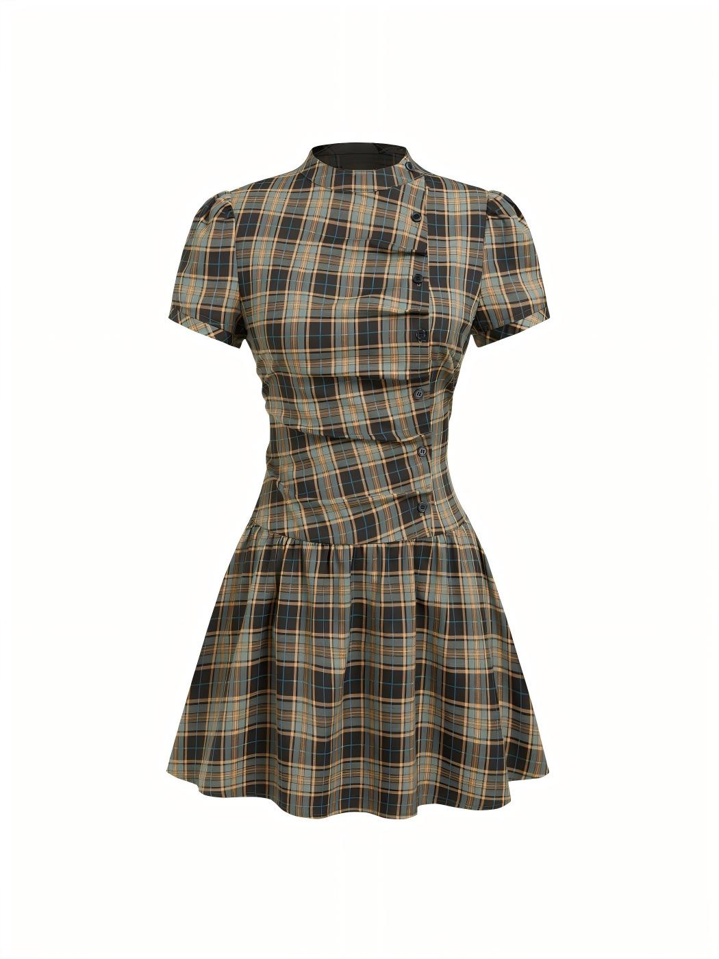 European and American Women s Plaid High Neck Puff Sleeve Mini Dress Extra Small хаки