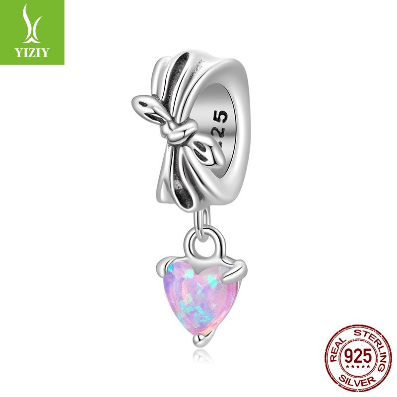 Pink Opal Bow Diy Pendant, Sweet Dream S925 Sterling Silver Love Beads