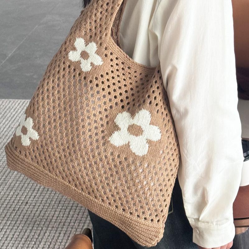 Damen-Umhängetasche mit großem Fassungsvermögen, modisches Blumenmuster, gehäkelte Tragetasche, All-Match-Tasche, süße Gürteltasche, Stricktasche