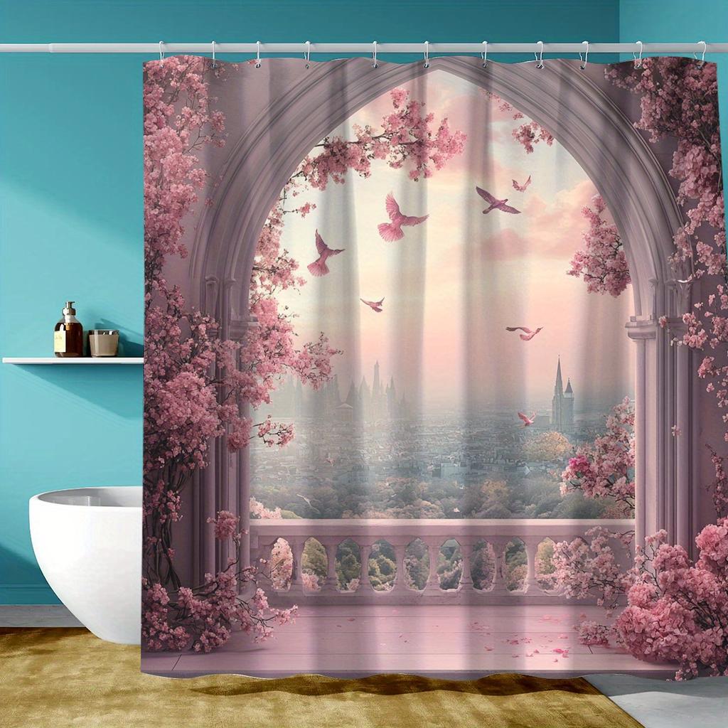 1-Pack Fantasy Castle Balcony Shower Curtain - Polyester with Hooks, Beautiful Floral and Cityscape Design, Cityscape Picture