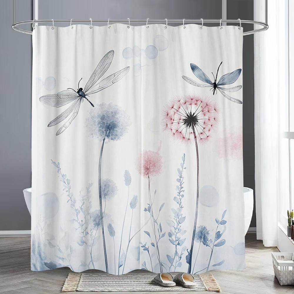 Blue Watercolor Floral Butterfly Shower Curtain, Bathroom Decorative Shower Curtain, Waterproof Shower Curtain with Hooks