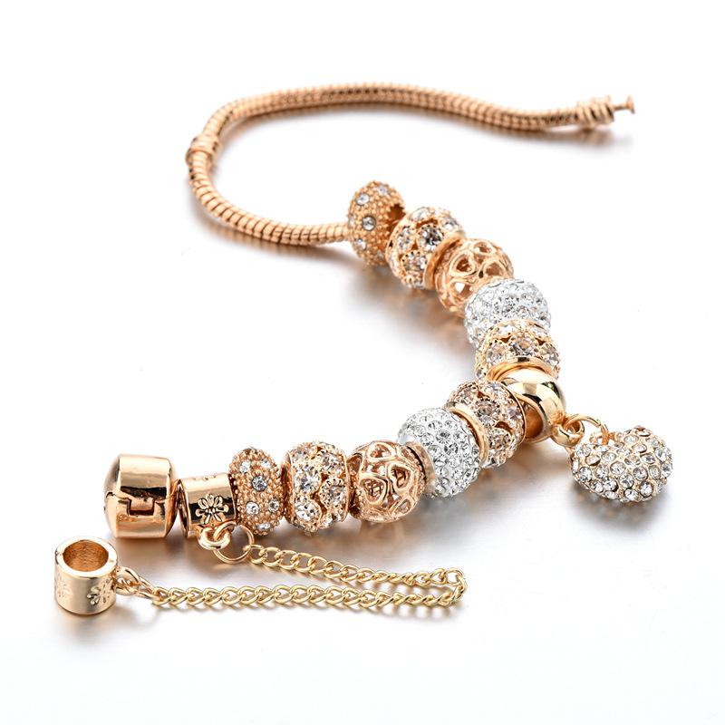 New Panjia Style Gold-Plated Beaded Bracelet with Full Diamond Love Design