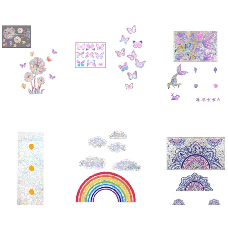 Reflective Rainbow Glass Stickers Colorful Flower Decals Sunlight Dispersing Window Films PVC Clings for Home Decors