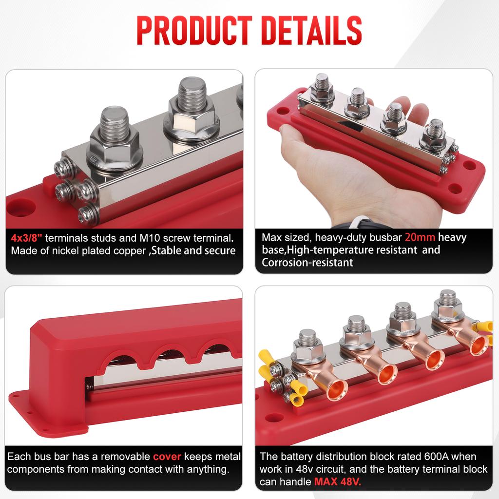 Car Distribution Block Bus Bar Terminal Block Stud Brass Contact Plates M10 3/8" 12-48V 600A DC For Boat Camper RV Accessories
