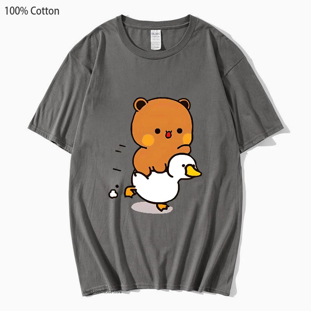 Cute Bubu and Duud Is Riding A White Duck Tshirt Panda and Brownie Bear Clothes Cotton T-Shirts for Men Women Couple