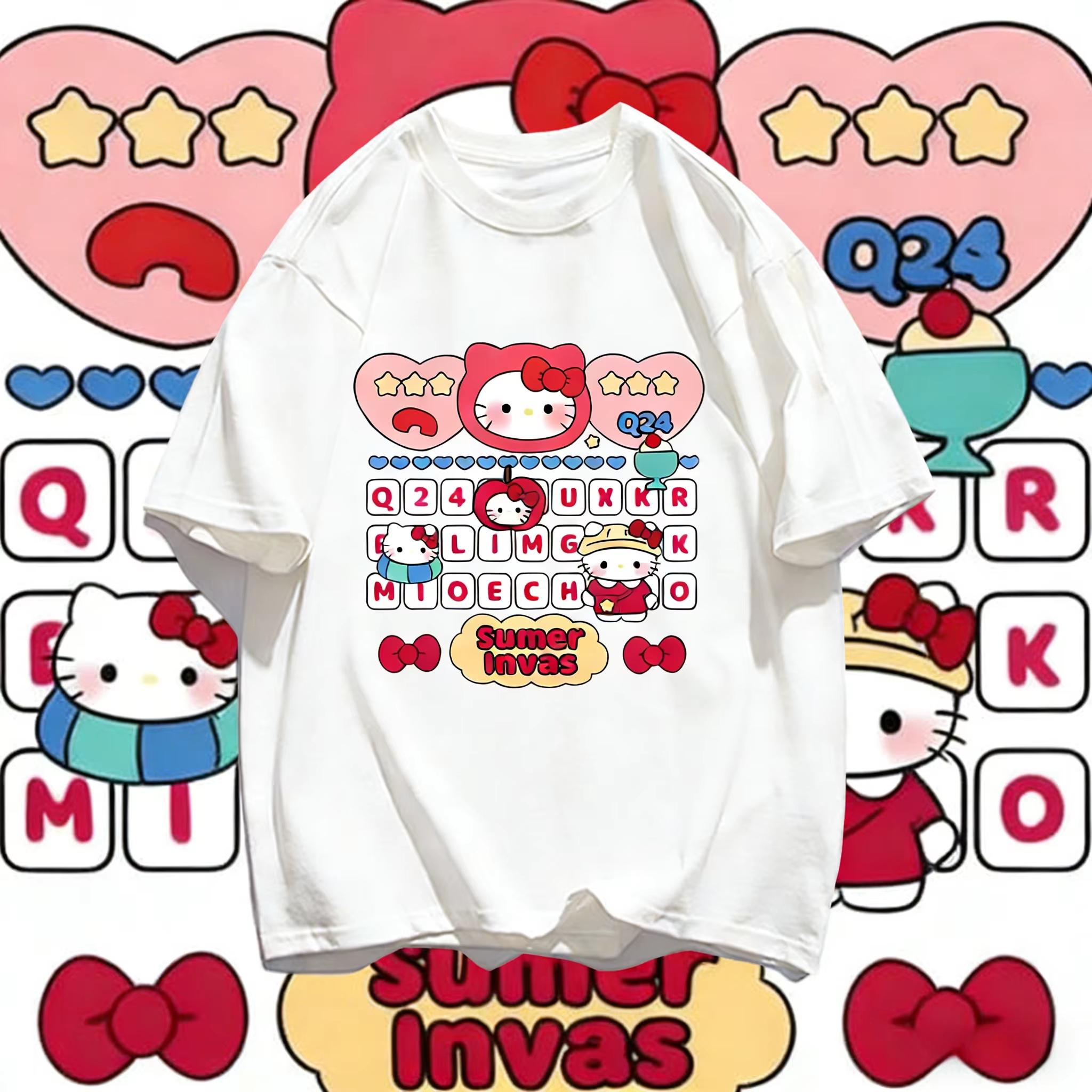 

Футболка Hello Kitty с коротким рукавом из мягкого хлопка, повседневная, с круглым вырезом, милый мультяшный принт, легкий летний топ для женщин, для повседневной носки S