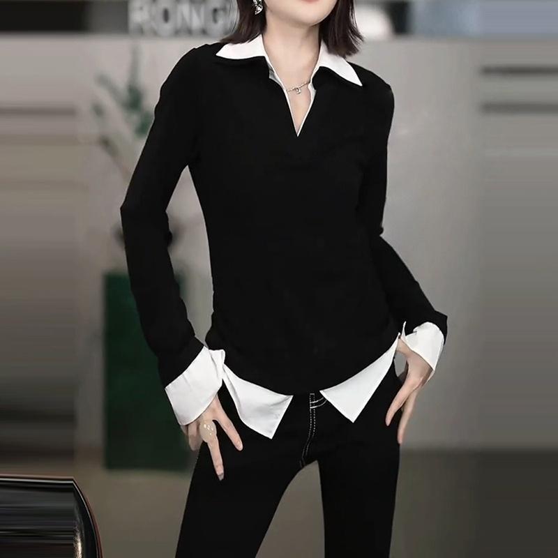 

Весенняя мода 2026 Корейская двухцветная пэчворк женская рубашка с длинным рукавом из двух предметов XXL чёрный