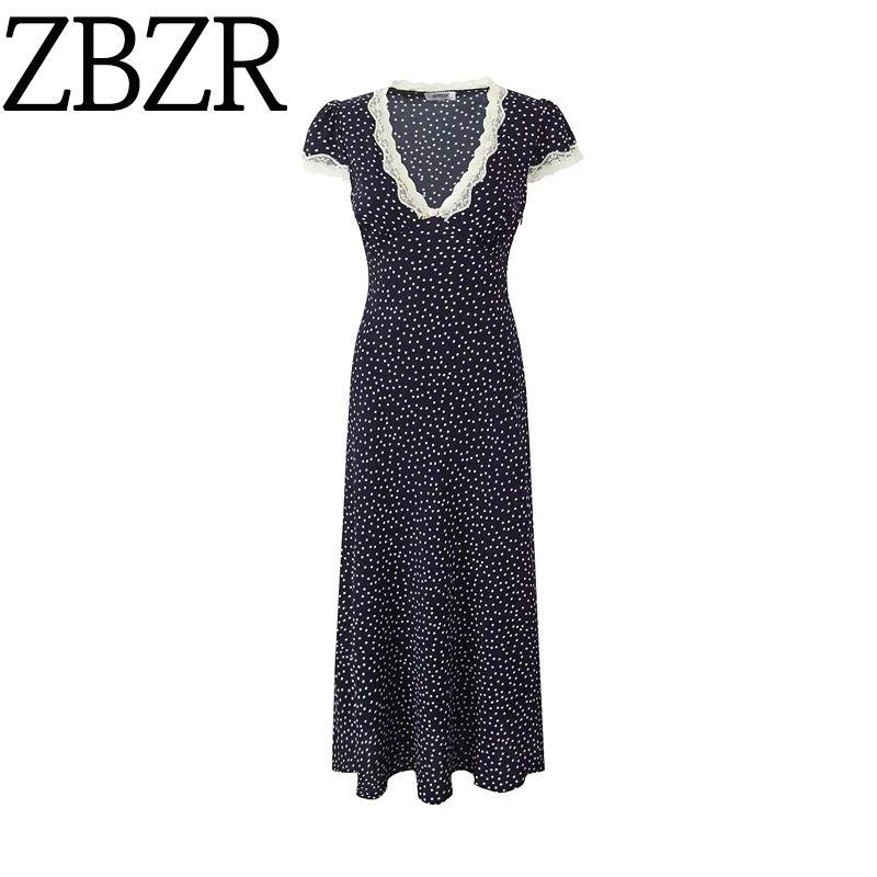 Za Summer New Arrivals Women's Clothing Zr European and American Style V-Neck Waist-Cinching French Lace Patchwork Polka Dot Short-Sleeve Dress