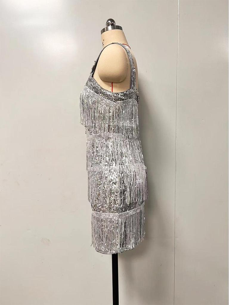 2025 Tassel & Sequin Cocktail Party Dress - Solid Color Suspenders & Short Skirt