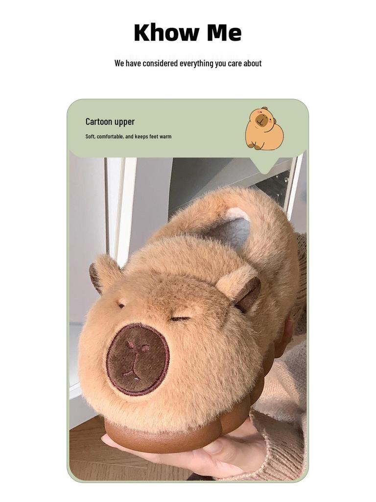 Capybara Winter Cotton Slippers: Cute Non-Slip Indoor Fur Shoes with Package Heel for Couples.